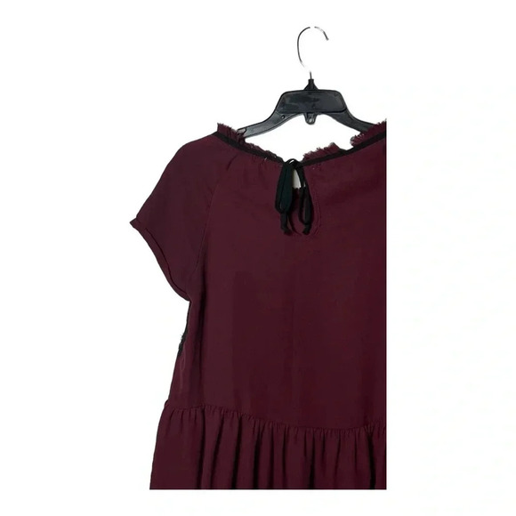 0382W. REWIND SHORT SLEEVE LACE/RUFFLES BLOUSE MAROON/BLACK IN‎ COLOR SIZE SMALL - Picture 8 of 9
